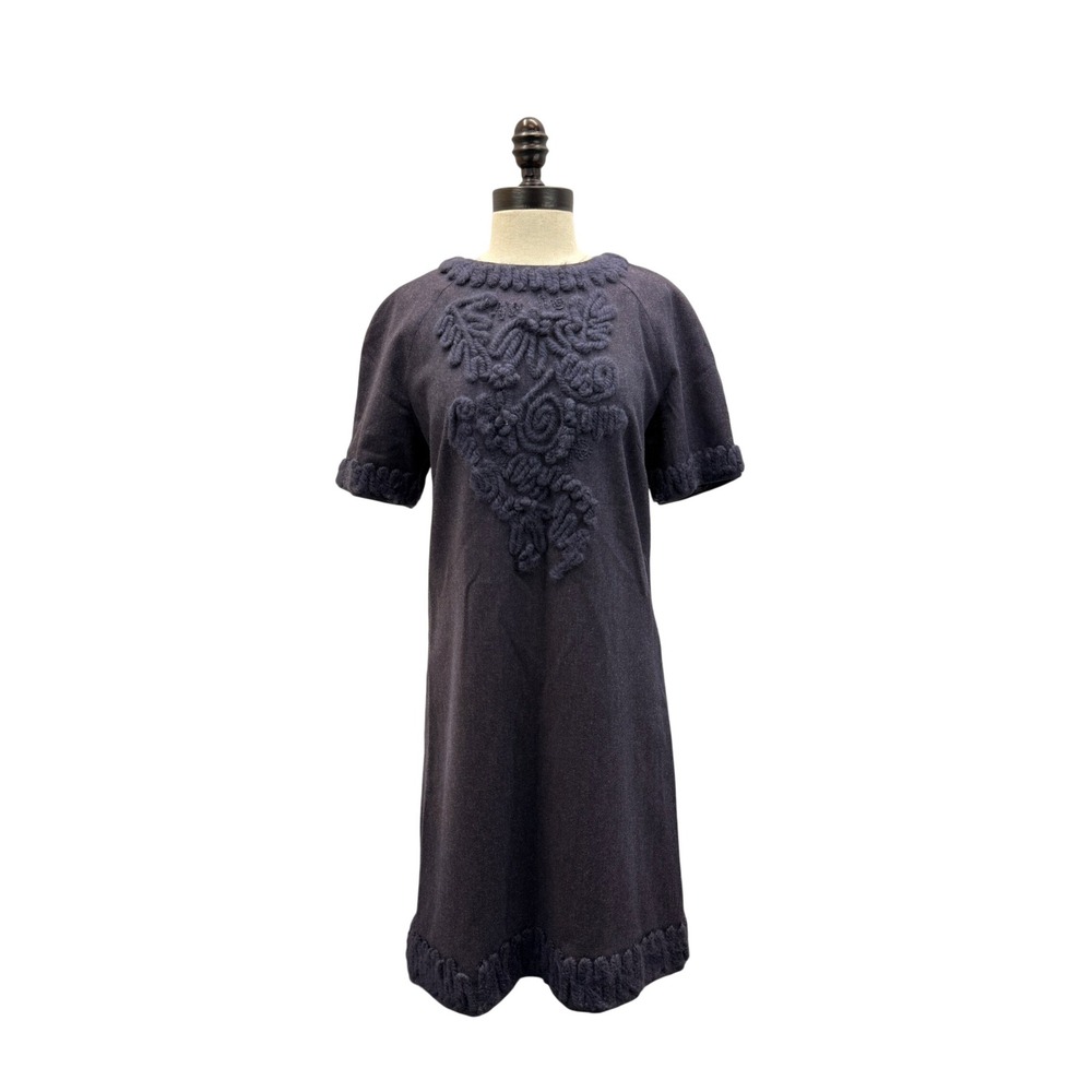 Lela Rose Blue Dress‎ Women's Size M Wool Silk Corded Floral Embroidery